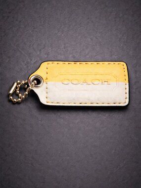 Coach Signature Leather Hangtag Keychain White Yellow Stripe Bag Charm